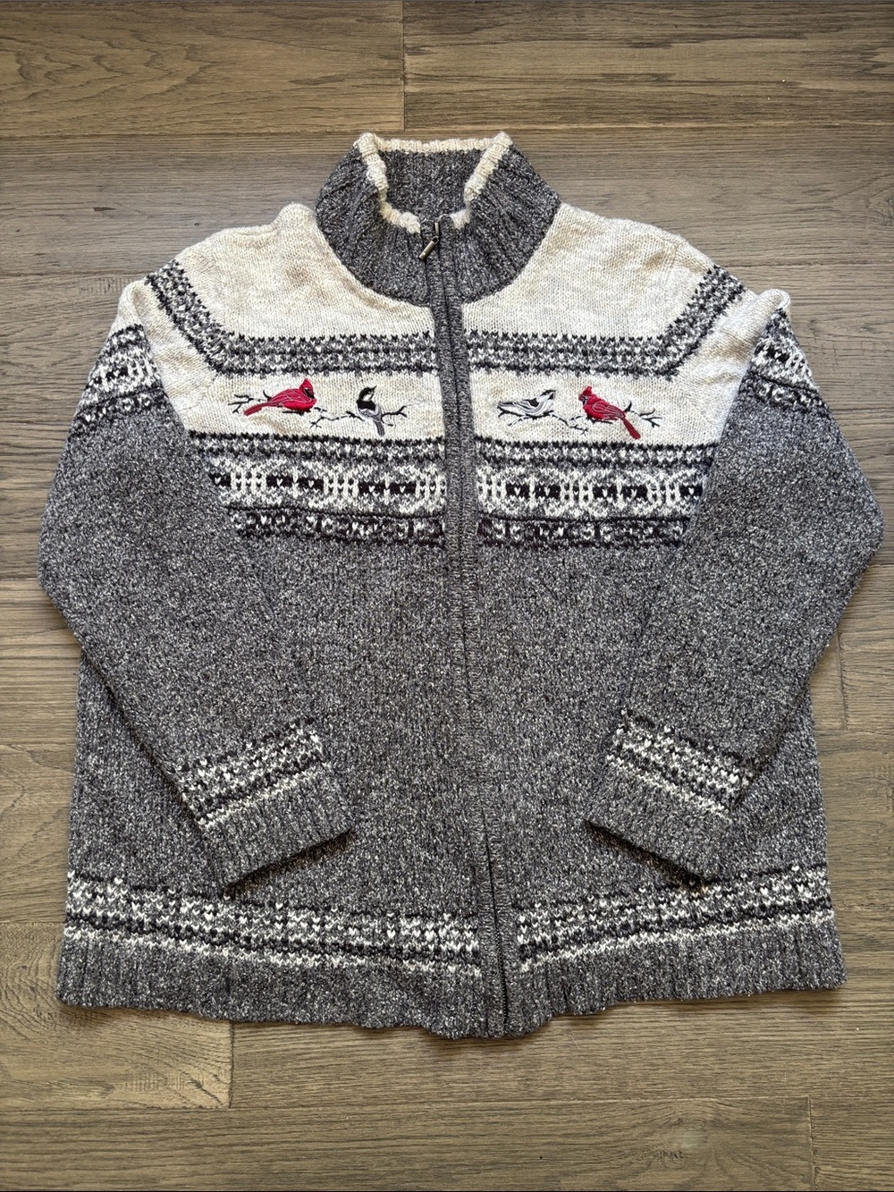 Northern Reflections | Grey and Cream Zip-Front Bird Embroidered Sweater Large